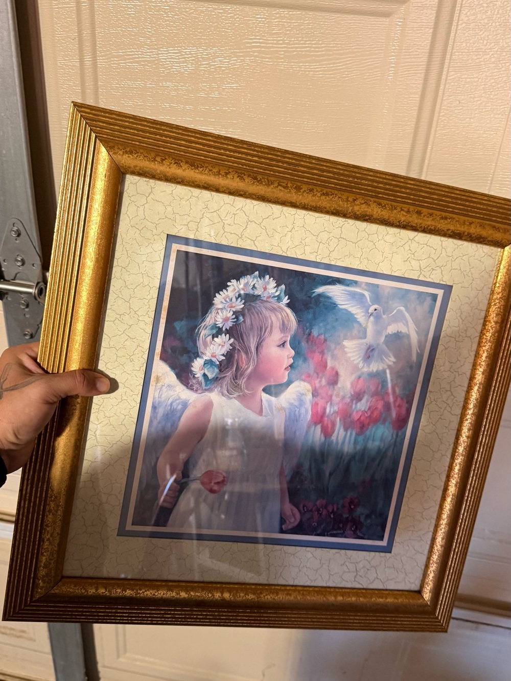 Gold Framed Angel Girl Wall Art - Floral Crown Print